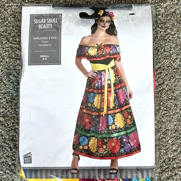 Sugar Skull Beauty Cosplay Halloween Costume Colorful Flower Dress Small 2-4 NEW - Picture 1 of 4